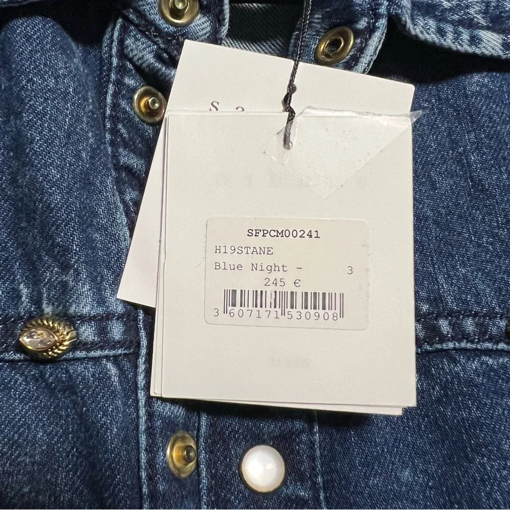 NWT Sandro Stane Denim Rhinestone Pearl Shirt Midnight Blue Western Jacket US 8 - Picture 13 of 16